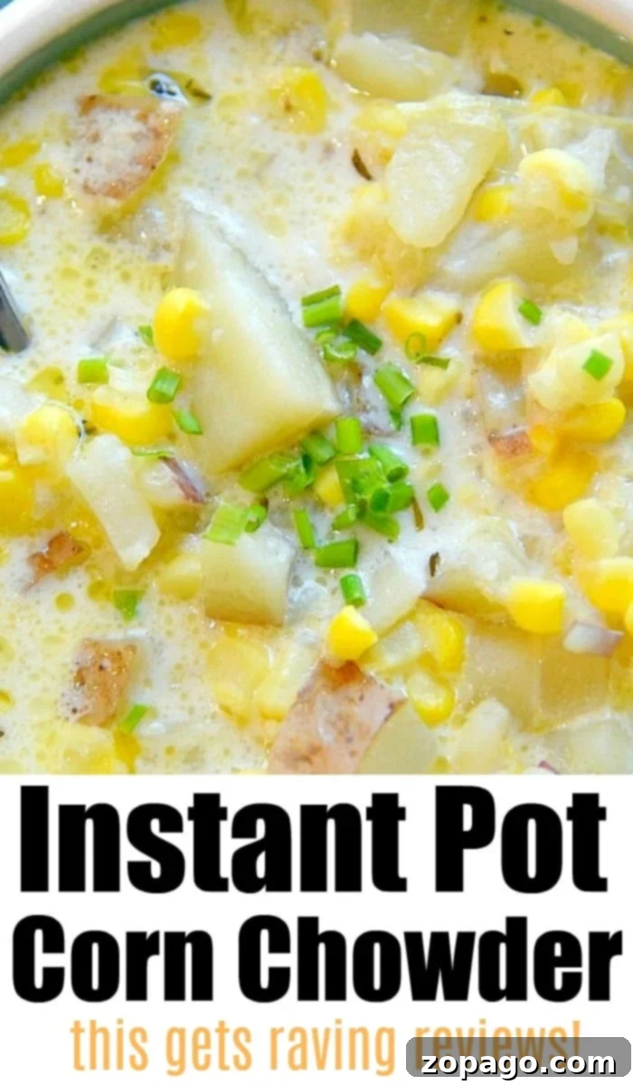 Instant Pot potato corn chowder: A quick, creamy, and delightful soup for any time of year. A hearty bowl of Instant Pot potato corn chowder, richly garnished with fresh green onions and crispy bacon bits.