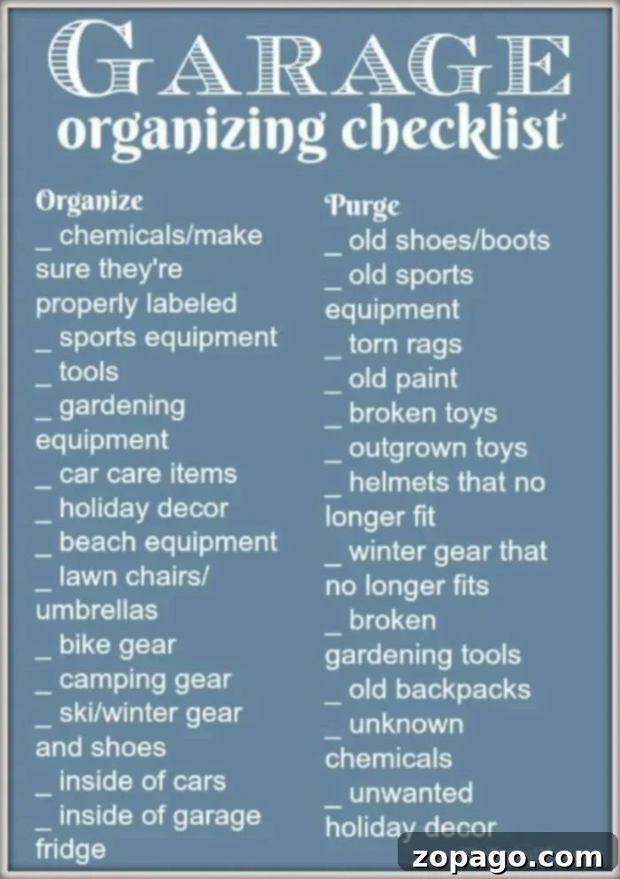 Download our free printable garage organization checklist to guide you through decluttering and organizing your garage step-by-step for optimal efficiency. Free Printable Garage Organization Checklist
