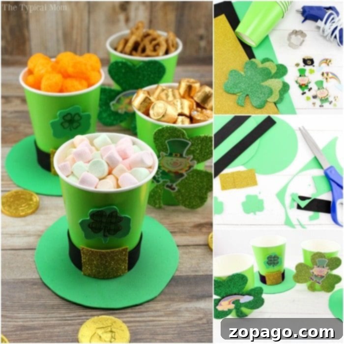 Cute St. Patrick's Day treat cups and other rainbow crafts and activities to do on that day too! Super cute to make at home or in the classroom. Materials for St. Patrick's Day leprechaun hat craft