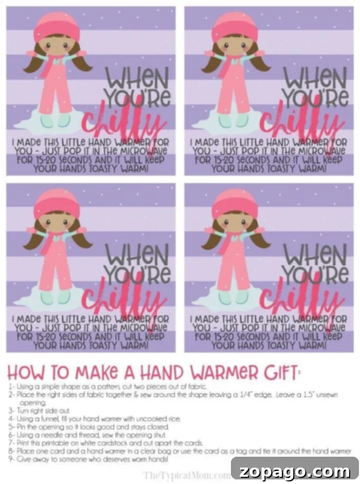 Homemade hand warmers filled with rice are the perfect little heating pads for your hands & with this free printable a perfect little gift too! #diygifts #handwarmers #kidscrafts Hand warmer printable label for gifting