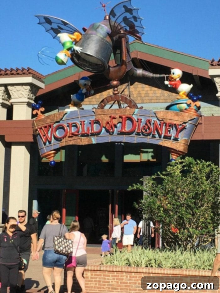 The best places to visit in Orlando Florida and where to go to get discount tickets to amusement parks there as well as cheap hotel stays. The iconic entrance to Disney Springs, bustling with visitors and showcasing the vibrant atmosphere of shopping and entertainment in Orlando.