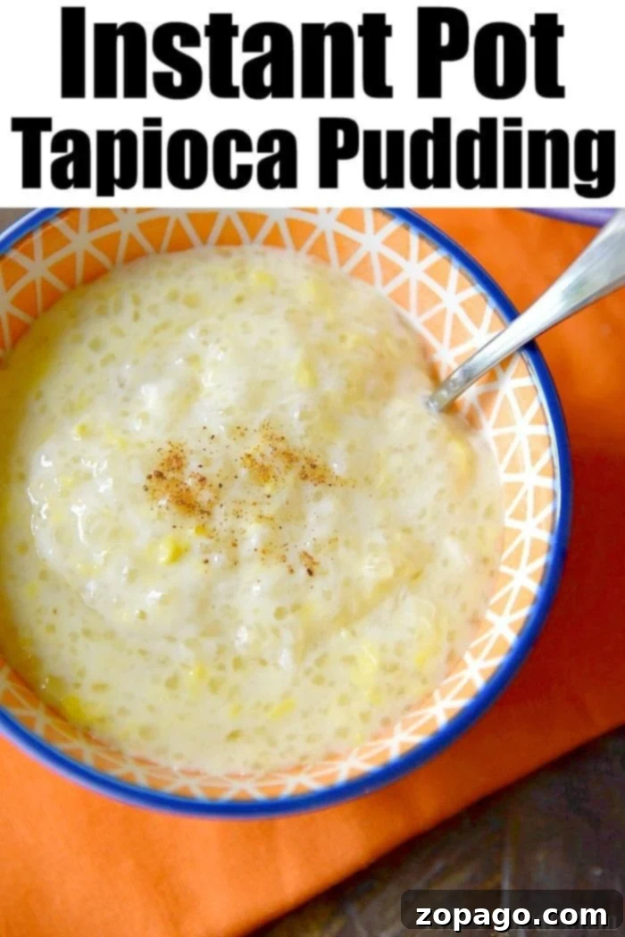 Instant Pot tapioca pudding recipe: quick, easy, and creamy pressure cooker tapioca. #instantpot #pressurecooker #tapiocapudding #tapioca #pudding #dessert #instantpotrecipes A close-up of creamy Instant Pot tapioca pudding in a glass dish.