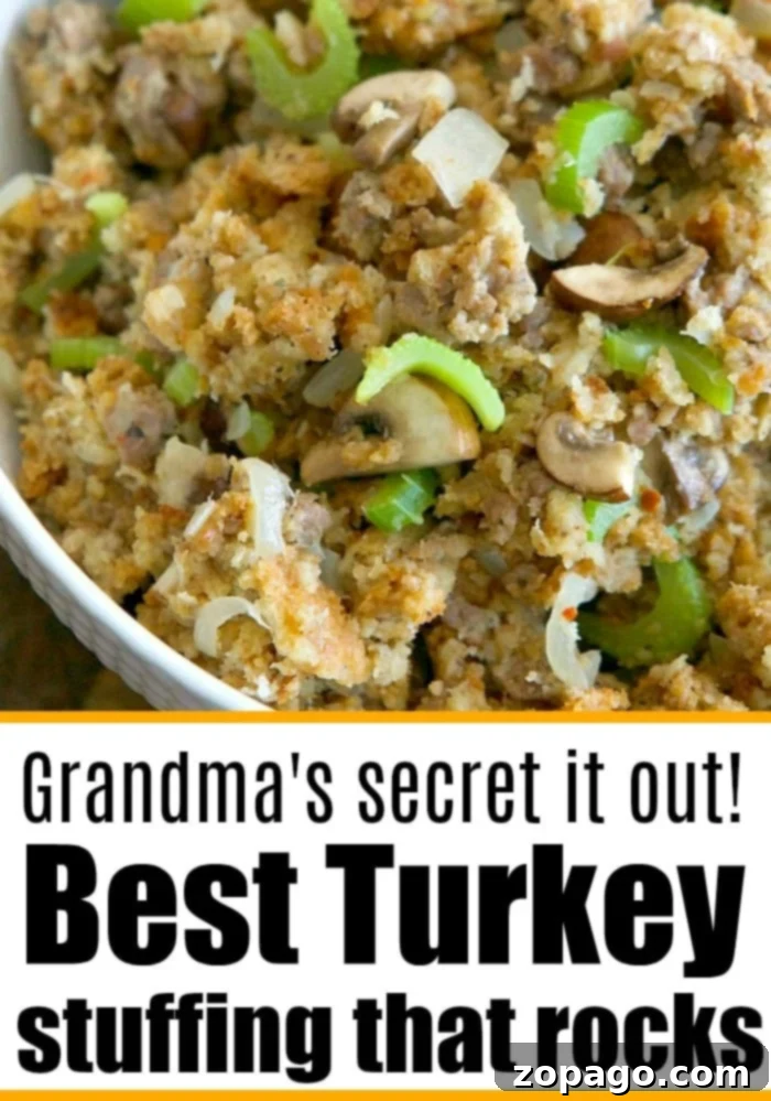 Turkey stuffing that rocks!! #turkeystuffing #beststuffing #thanksgiving #stuffing A vibrant bowl of Thanksgiving stuffing, perfectly cooked with a golden-brown top, featuring visible chunks of savory turkey, tender vegetables, and aromatic herbs. The image title says 'Turkey stuffing that rocks!!'.