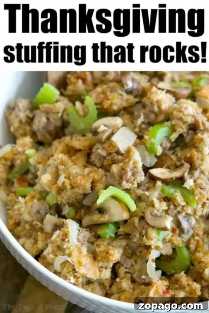 Best Thanksgiving stuffing! #thanksgivingstuffing #beststuffing #stuffing #turkeystuffing A bowl of Thanksgiving stuffing with visible ingredients including mushrooms, celery, and onions, perfectly seasoned and moist. The accompanying text reads, "Pickford stuffing that rocks!"