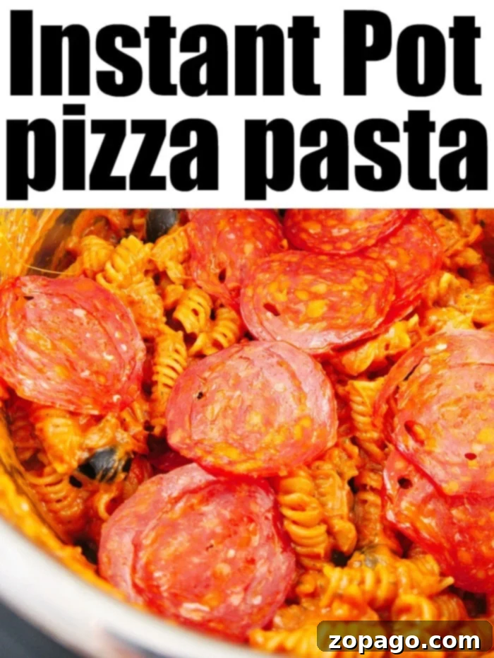 Easy Instant Pot pizza pasta is a fantastic dinner solution. Simply dump everything into your pressure cooker, add your favorite pizza toppings, and enjoy this quick, family-friendly meal. A serving of Instant Pot Pizza Pasta, showcasing the perfectly cooked pasta and melted cheese, ready to be enjoyed as a family dinner.