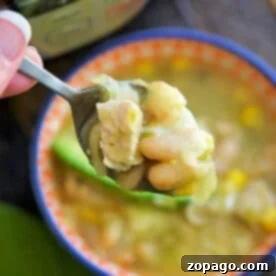 A spoonful of Instant Pot white chicken chili with beans held over a bowl, with an Instant Pot in the background.