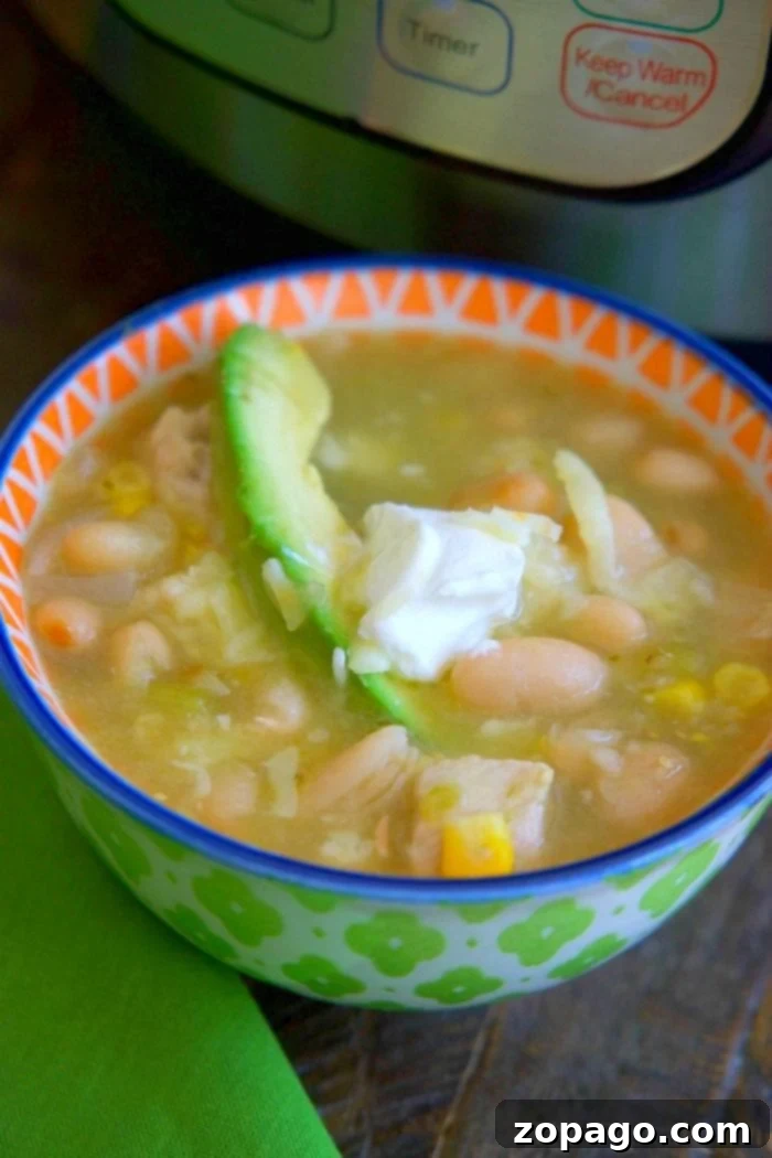 A close-up of hearty instant pot chicken chili, garnished and ready to be served.
