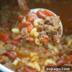 A ladle of chili mac with ground beef, kidney beans, and macaroni pasta over a pot makes an inviting instant pot chili mac recipe.