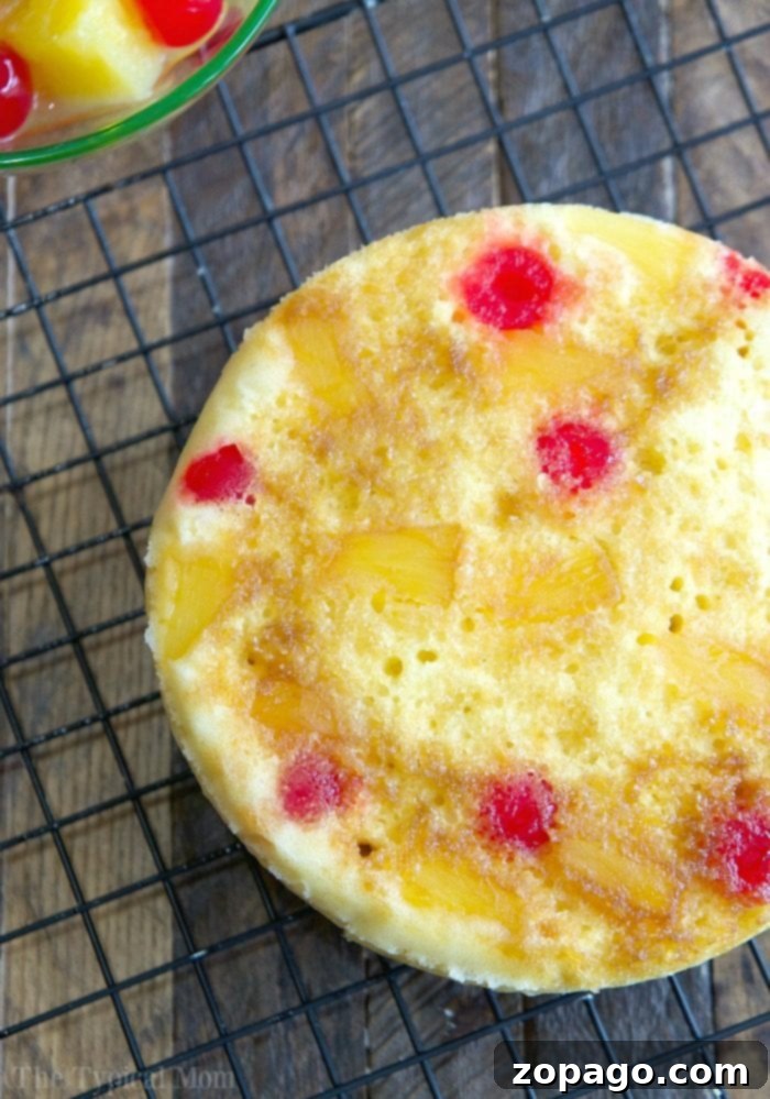 Easy Instant Pot pineapple upside down cake that turns out so moist! Easy pressure cooker dessert recipe that's fun to make with the kids too! #instantpotrecipes #thetypicalmom #cake #pineappleupsidedowncake #pressurecooker #pineapple #dessert Instant Pot pineapple upside down cake ready to be served from a round springform pan.