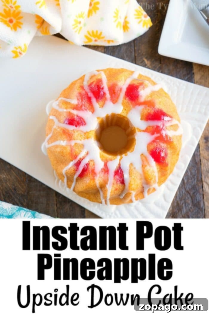 Easy Instant Pot pineapple upside down cake that turns out so moist! Easy pressure cooker dessert recipe that's fun to make with the kids too! #instantpotrecipes #thetypicalmom #cake #pineappleupsidedowncake #pressurecooker #pineapple #dessert Pressure cooker pineapple upside down cake flipped onto a plate, showing the caramelized pineapple and cherries.