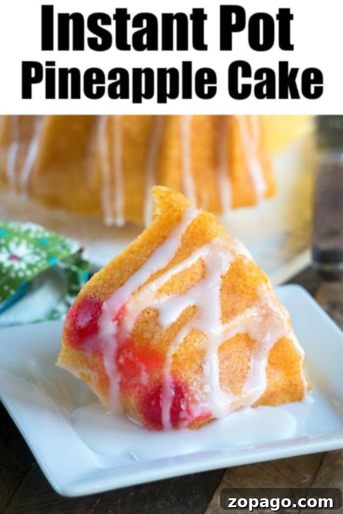 Easy Instant Pot pineapple upside down cake that turns out so moist! Easy pressure cooker dessert recipe that's fun to make with the kids too! #instantpotrecipes #thetypicalmom #cake #pineappleupsidedowncake #pressurecooker #pineapple #dessert Slice of Instant Pot Pineapple Upside Down Cake on a white plate