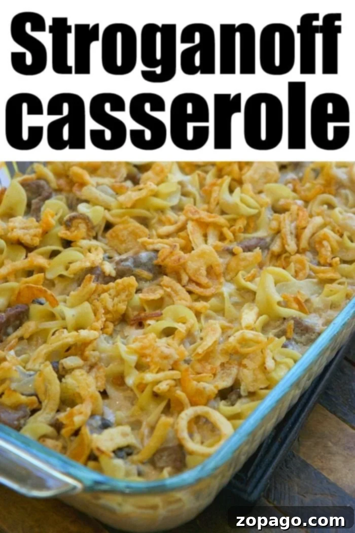 Hearty stroganoff casserole in a baking dish, ready to be served.