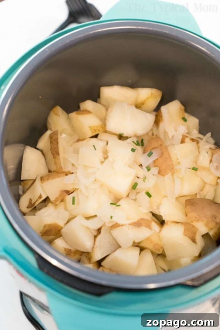 Instant Pot mashed potatoes recipe with NO draining required. #instantpot #mashedpotatoes #thetypicalmom Chopped potatoes and onions gently cook in a teal slow cooker, releasing a comforting aroma. This image reminds us of the versatility of potatoes in various cooking methods, including pressure cooker mashed potatoes.