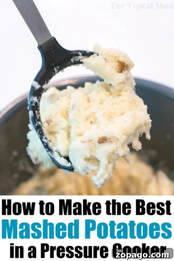 Pressure cooker mashed potatoes in an Instant Pot, Ninja Foodi, Crockpot express. #instantpot #mashedpotatoes #pressurecooker #ninjafoodi A pot of pressure cooker mashed potatoes with a masher inside, showcasing the no-drain method for easy preparation.