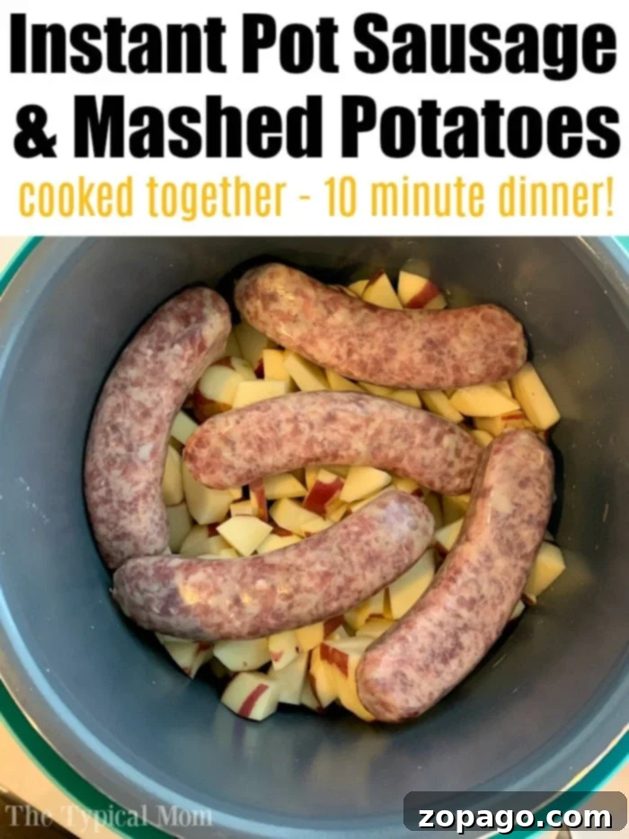 Instant Pot sausages and mashed potatoes in one pot! #ninjafoodirecipes #ninjafoodi #pressurecooker #mashedpotatoes #instantpotrecipes #crockpotexpress #thetypicalmom #potatoes Instant Pot sausage and potatoes served in one pot, ready for a hearty family meal.