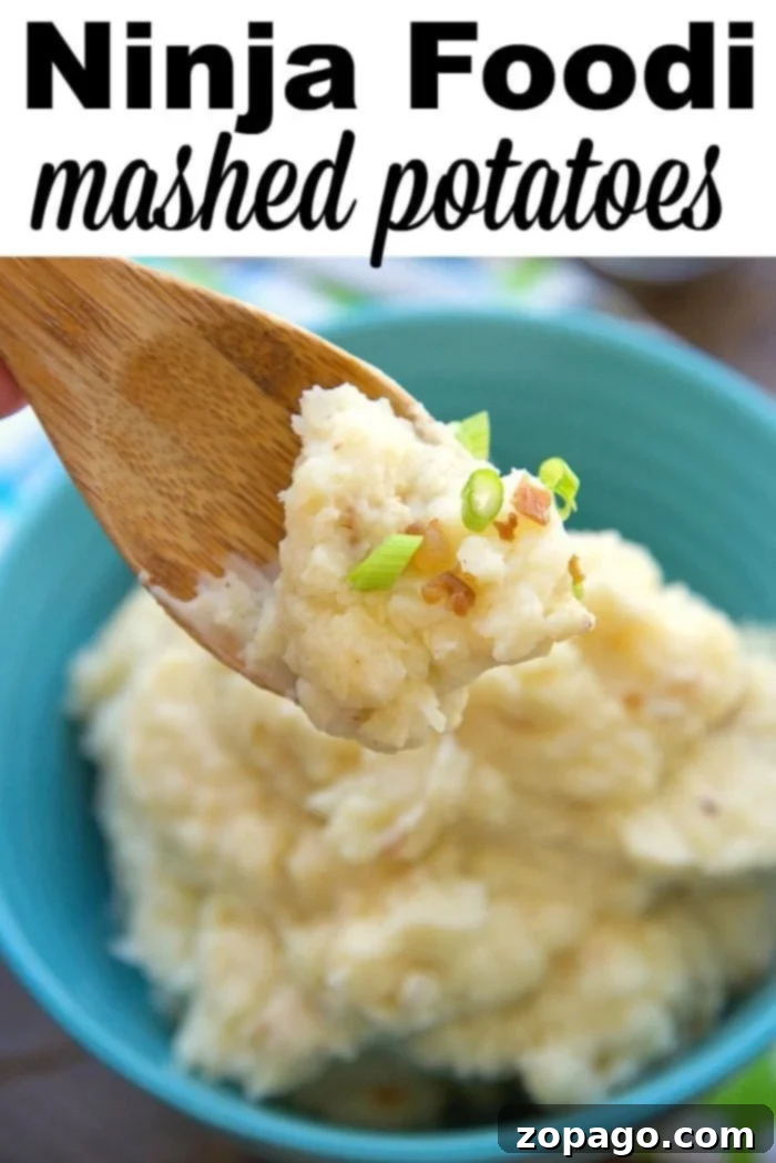 Pressure cooker mashed potatoes in your Instant Pot, Crockpot Express or Ninja Foodi. The easiest way to create this classic buttery side dish for Thanksgiving or year round. #ninjafoodirecipes #ninjafoodi #pressurecooker #mashedpotatoes #instantpotrecipes #crockpotexpress #thetypicalmom #potatoes A serving of creamy Ninja Foodi mashed potatoes in a bowl, garnished with fresh herbs, showcasing its perfect texture.