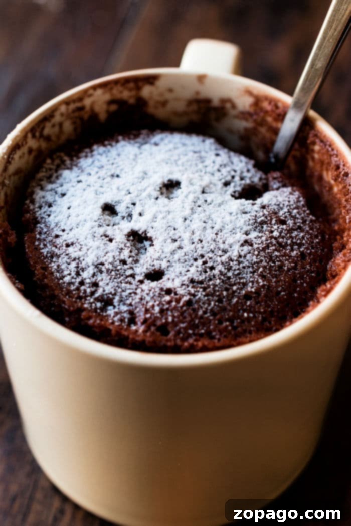 Easy 3-Ingredient Chocolate Mug Cake Ready in 1 Minute Delicious chocolate mug cake topped with powdered sugar, served in a beige mug with a spoon, resting on a rustic wooden surface.