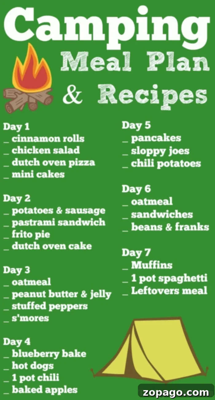 Here are lots of easy camping recipes and a free meal planning printable to help you plan what you're going to eat while you're camping! Lots of easy meals to choose from and so helpful when you're using just a campfire to cook. 7 days of kid friendly campfire meals are here to make your camping trip easier and fun! #camping #meals #mealplan #recipes #printable #campfire #dinner camping meal planning printable