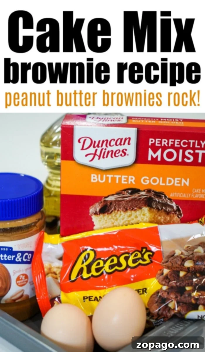 Cake Mix Brownie Hack 2 Essential ingredients for quick cake mix brownies: a box of cake mix, creamy peanut butter, Reese's candy pieces, and eggs.