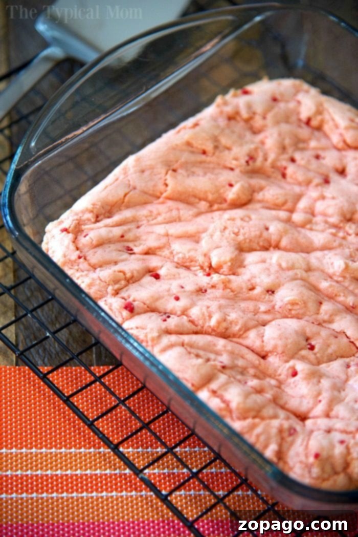 Make brownies out of cake mix easily with just 2 ingredients and any flavor of cake mix you like! Rich and chewy strawberry brownies are our favorite but try lemon cake mix brownies too. A quick dessert your kids will love and cheap to make for a bunch of people #cakemix #brownies #strawberry #lemon #cakemixbrownies Vibrant strawberry brownie batter, mixed from cake mix, smoothed into a glass baking dish, ready for baking.
