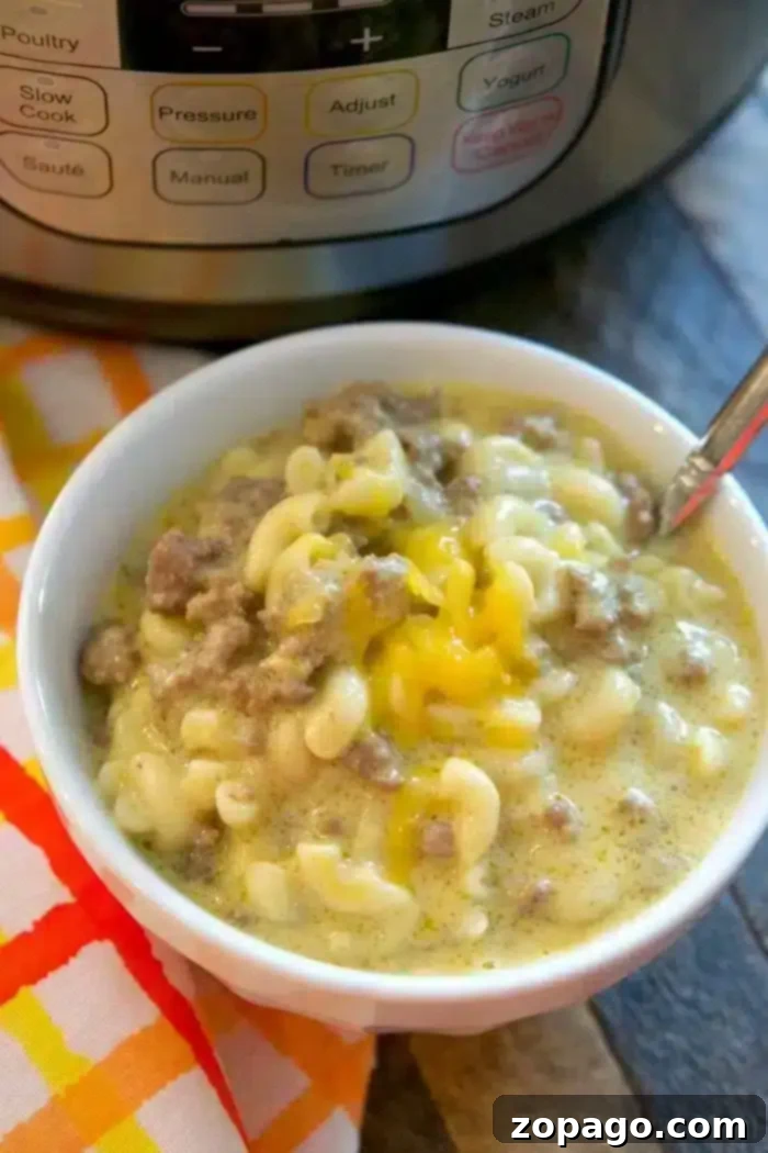 This Instant Pot cheeseburger macaroni recipe will take you back to your childhood! Just 10 minutes in your pressure cooker makes this cheesy goulash hamburger helper style pasta dinner that your whole family will love. It's one of our favorite Instant Pot ground beef recipes. Instant Pot Cheeseburger Casserole, a close-up of the cheesy, meaty pasta dish.