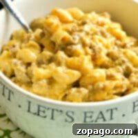 A bowl of Instant Pot cheeseburger macaroni, featuring cheesy pasta and ground beef, served with a spoon.