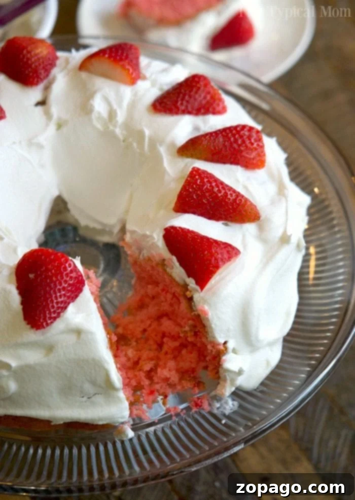 This 2 ingredient strawberry cake is amazing and so easy to make! It's egg free and super moist, plus it's lower in calories however you won't miss a thing but this cake is delicious! Some call it soda pop cake but I call it a throw together dump dessert that everyone raves about when they taste it! #strawberry #cake #bundtcake #soda #easy #skinny #eggfree 2 ingredient strawberry cake 3