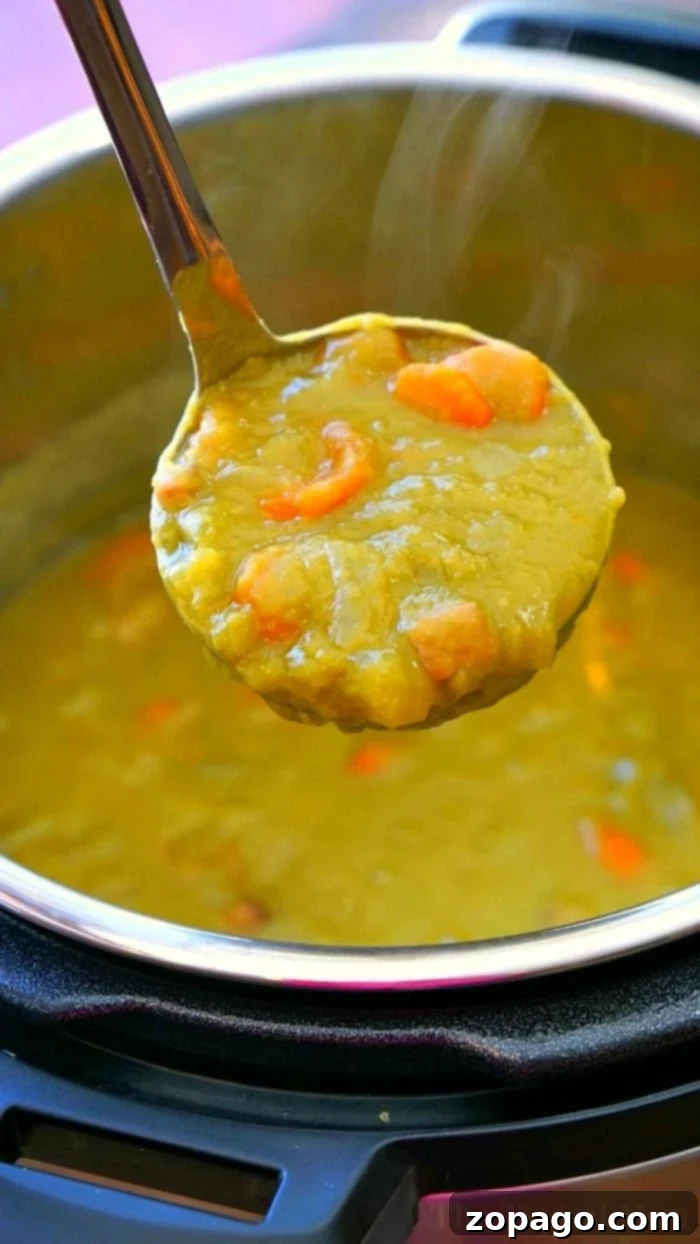 Delicious Instant Pot Split Pea Soup with Ham Close-up of a steaming bowl of Instant Pot split pea soup with ham