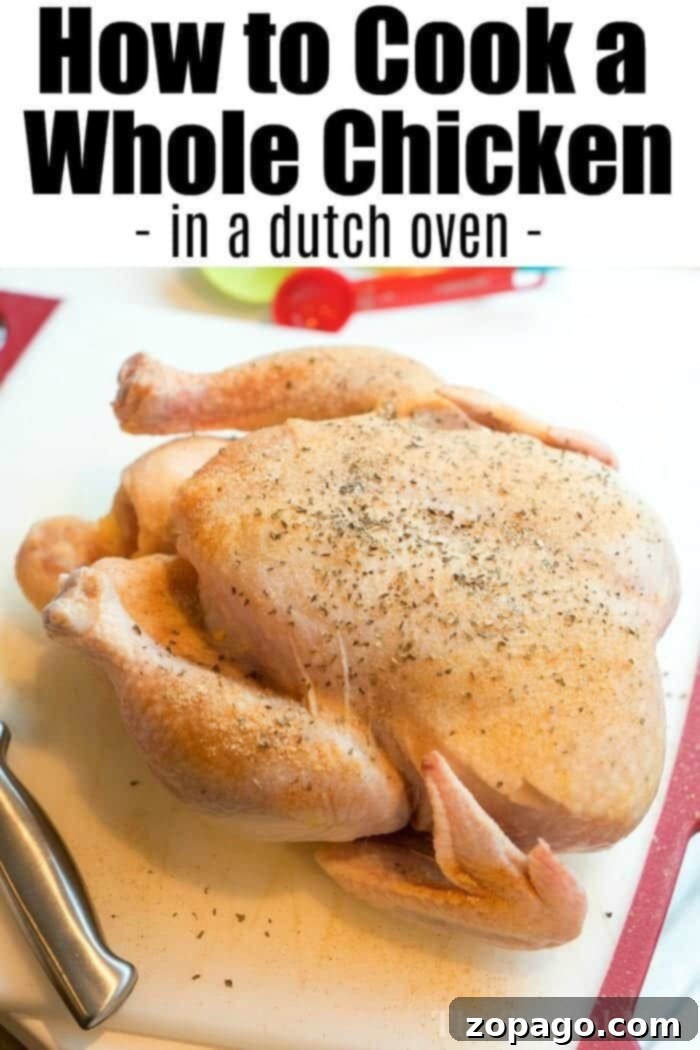 Whole Roasted Chicken with Vegetables in Dutch Oven A tender, juicy whole chicken, expertly roasted in a Dutch oven, surrounded by a colorful medley of perfectly cooked vegetables.