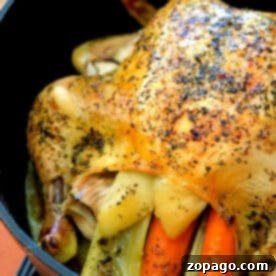 Dutch oven whole chicken, roasted with herbs and stuffed with carrots and celery for a flavorful, tender meal.