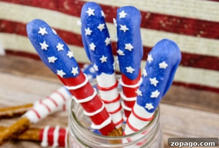 Firecracker Pretzels 2 flag pretzels - patriotic pretzel rods arranged in a mason jar
