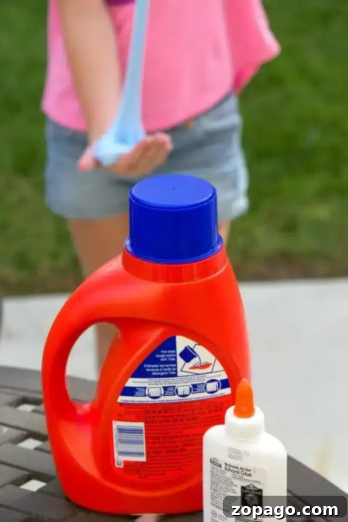 Discover how to make laundry detergent slime at home with only 2 ingredients! This easy goo recipe is made with glue and detergent, offering a fun and simple activity for kids. How do you make Slime with Laundry Detergent