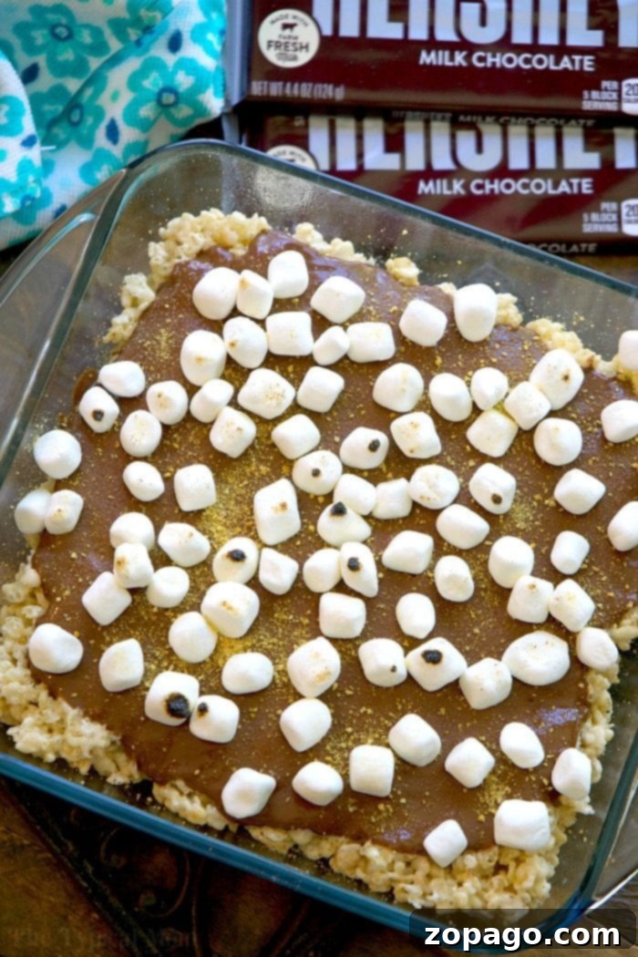 Sticky S'mores Rice Krispy Treats are a yummy and easy no-bake dessert to enjoy! Just 5 ingredients and no campfire required to make these goodies. Finished S'mores Rice Krispy Treats with toppings