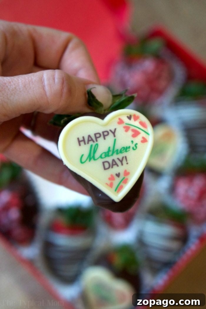 Moms love edible Mother's Day gifts because they're delicious and come from the heart! Here are a few chocolate treat ideas she is sure to love. Personalized Chocolate Covered Strawberries for Mom