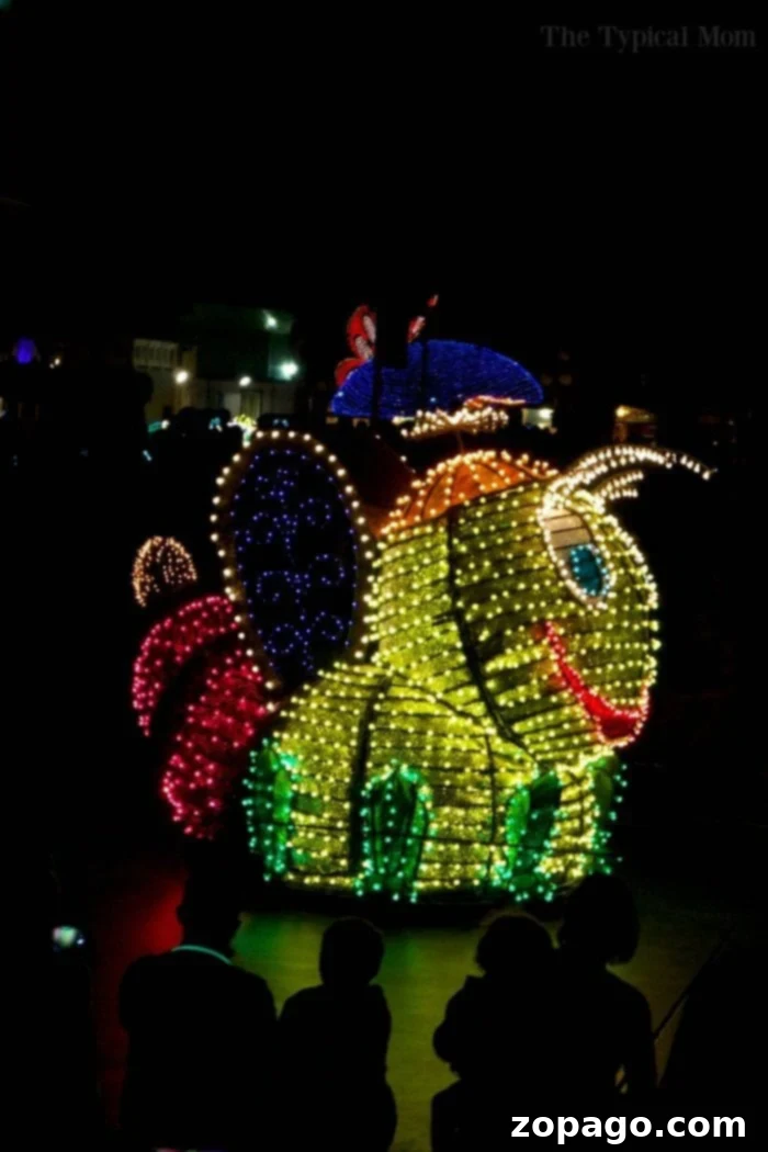 Detailed Lights and Characters of the Main Street Electrical Parade Disneyland Electrical Parade close up of a character float