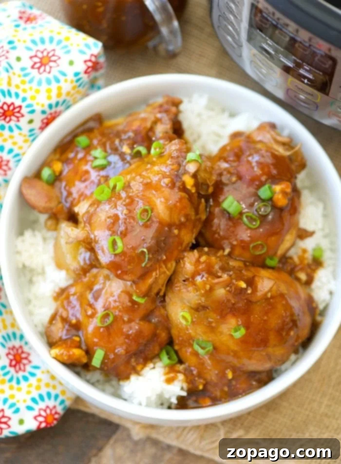 Instant Pot spicy teriyaki chicken thighs: Moist chicken with sweet and spicy homemade teriyaki sauce, ready in under 15 minutes! #instantpot #pressurecooker #teriyaki #chicken #thighs #spicy #healthy #instantpotrecipes #thetypicalmom Instant Pot Spicy Teriyaki Chicken Thighs served over rice, garnished with green onions.