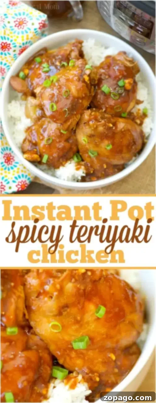 Spicy Instant Pot teriyaki chicken recipe. #instantpot #teriyakichicken #spicy #chickenthighs #chicken A bowl of Instant Pot teriyaki chicken thighs, garnished with sesame seeds and green onions.