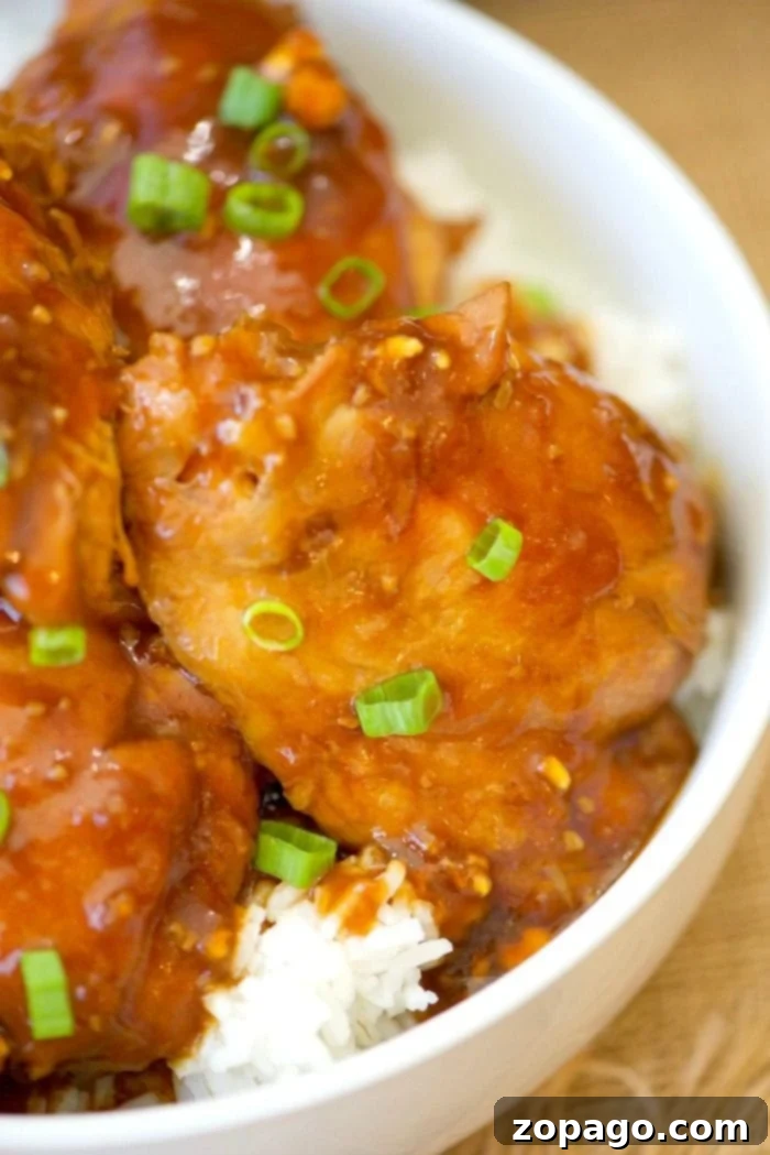 Instant Pot spicy teriyaki chicken thighs: Moist chicken with sweet and spicy homemade teriyaki sauce, ready in under 15 minutes! #instantpot #pressurecooker #teriyaki #chicken #thighs #spicy #healthy #instantpotrecipes #thetypicalmom Platter of Instant Pot spicy teriyaki chicken thighs, coated in a thick sauce and garnished.