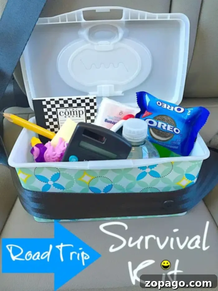 Essential Road Trip Busy Bags for Kids Road Trip Survival Kit with snacks, games, and essentials, secured on a car seat.