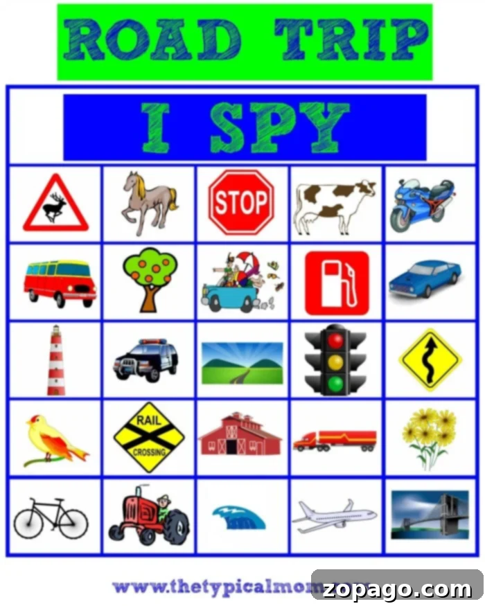 Printable Road Trip Scavenger Hunt Game Road trip I Spy game printable for a nature scavenger hunt, featuring various objects and signs.