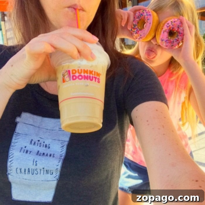 Affordable Family Summer Adventures 2 Parent enjoying Dunkin' Donuts coffee during a busy summer day with kids