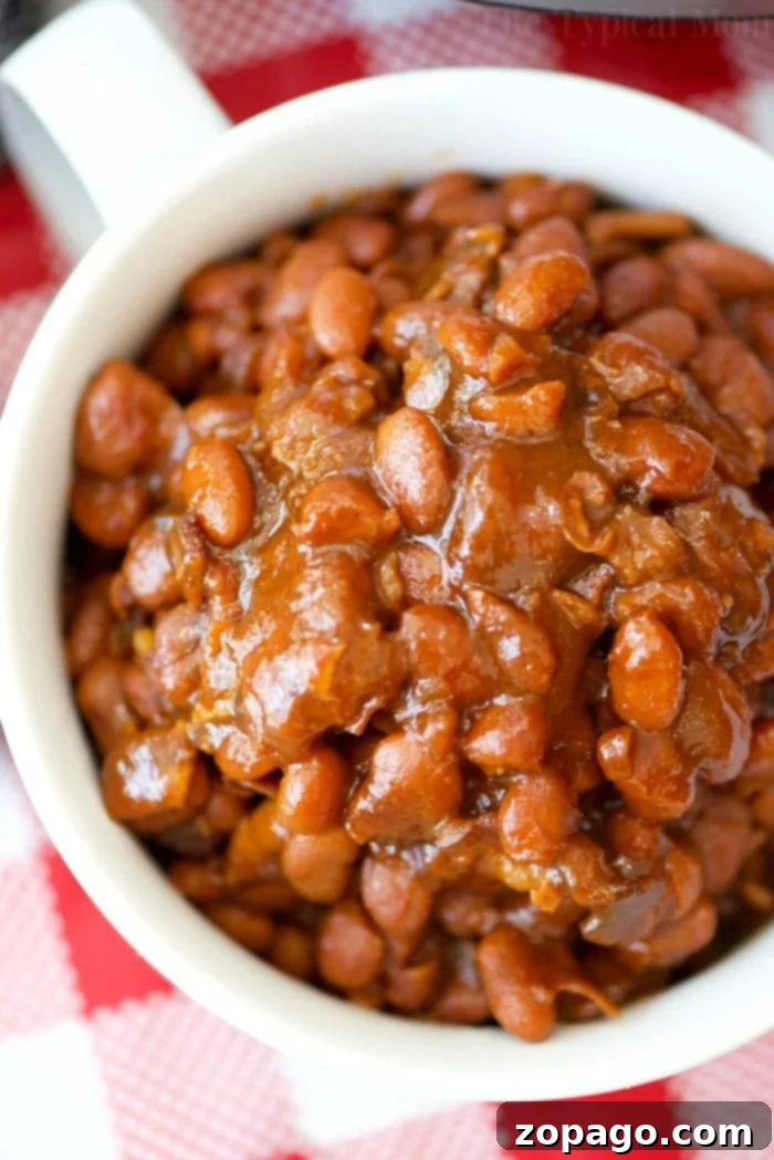 Best NO soak Instant Pot baked beans! Perfectly cooked in your pressure cooker with no pre soaking required. They're a great sweet and savory side dish for any barbecue and you can add a bit of heat to them too if you want. #instantpotrecipes #bakedbeans #thetypicalmom #beans #nosoak #no #soaking #best #easy #homemade #bacon A bowl of pressure cooked no-soak Instant Pot baked beans with bacon.