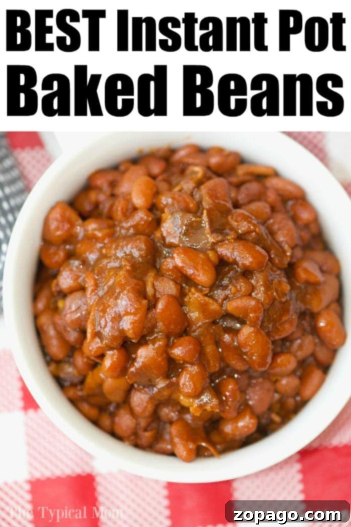 BEST Instant Pot baked beans. #instantpot #bakedbeans Instant Pot baked beans served in a rustic bowl.