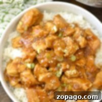 A bowl of white rice topped with spicy honey chicken chunks in a rich brown sauce, garnished with sesame seeds and chopped green onions.