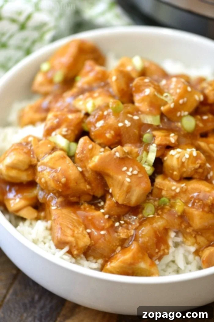 Moist and Flavorful Instant Pot Honey Chicken with a Spicy Kick Close-up of Spicy Honey Instant Pot Chicken with sauce and garnishes.