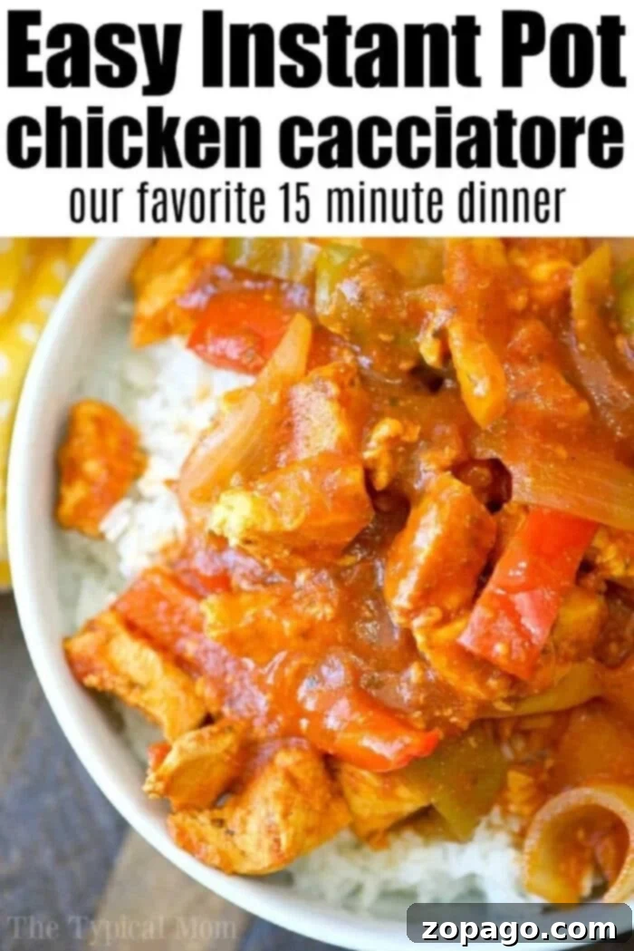 Instant Pot chicken cacciatore recipe: tender chicken and sauce with vibrant vegetables. Quick and easy in your pressure cooker! Tender Instant Pot chicken cacciatore with bell peppers and onions, ready to be served over rice.