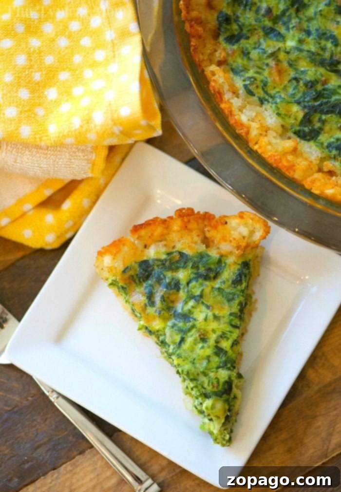 A Slice of Tater Tot Quiche: Crispy Crust, Creamy Spinach and Cheese Filling Close-up of a slice of tater tot crusted spinach quiche, showing the golden crust and creamy filling.