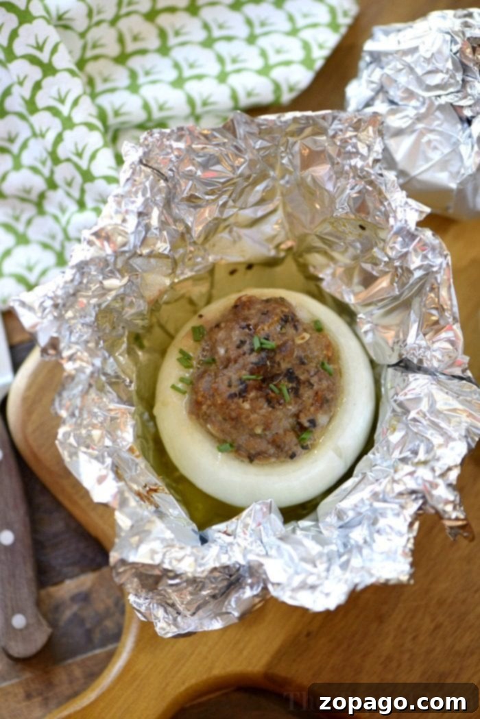 Experience the delightful blend of savory meatloaf and sweet onion, grilled or baked to perfection. Beautifully cooked meatloaf stuffed onions