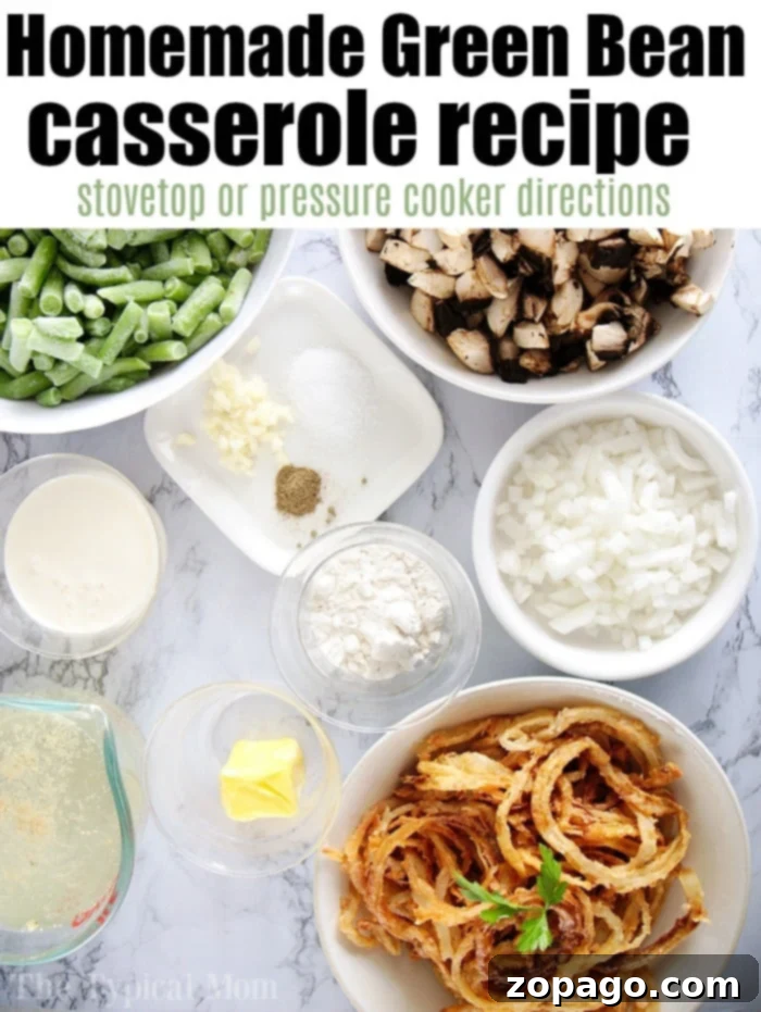 Pressure cooker green bean casserole is an easy and delicious side dish for any meal. #pressurecooker #instantpot Instant Pot green bean casserole ready to serve, featuring creamy green beans topped with golden fried onions.