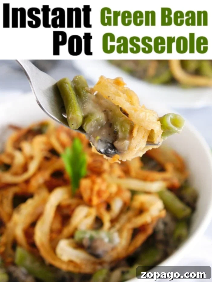 Instant Pot green bean casserole is an easy and comforting dish for any meal. #instantpot #greenbeancasserole Instant Pot Green Bean Casserole with a creamy base and crispy onion topping.